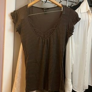 MANGO STRIPED BLOUSE with RUFFLE SLEEVES AND EMBROIDERY V NECK 🤎